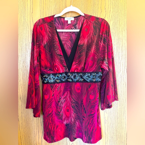Dress Barn Tops - Beautifully red DRESS BARN peacock feather top